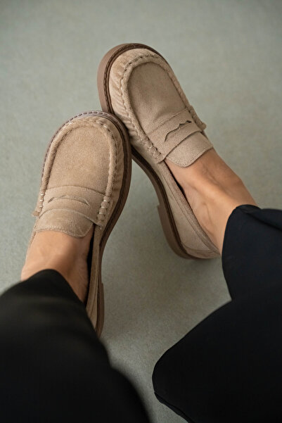 selin shoes Livo Kalın ve Düz Taban Klasik Kadın Ayakkabı- VİZON SÜET