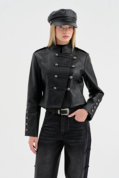 tw3 Women's Leather Napoleon Style Jacket with Button Detail on the Front and...