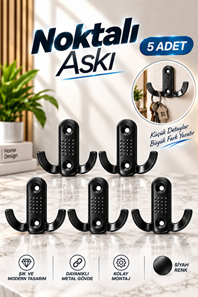 NZB (5 Adet) Noktalı Askı Metal Mat Siyah Duvara Monte Dolap Mobilya Vestiyer Elbise Askılık Modeli