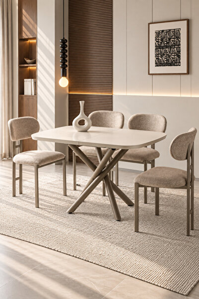 Lisso Home Defne Yemek Masası 80x130(+30), H: 78 cm Kum Beji Tabla-İtalyan Me...