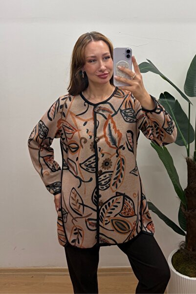By Saygı Women's Leaf Patterned Buttoned Front Ribbed Tunic Jacket