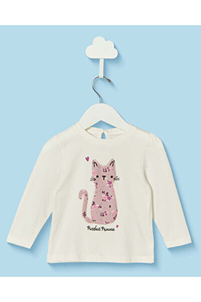 REDTAG Infant Girls White Cat Embroidered T-Shirt