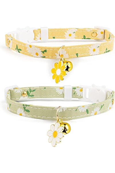 SWIUKPHE 2 Pcs Cotton Breakaway Cat Collar with Bell, Yellow and Green Flower...