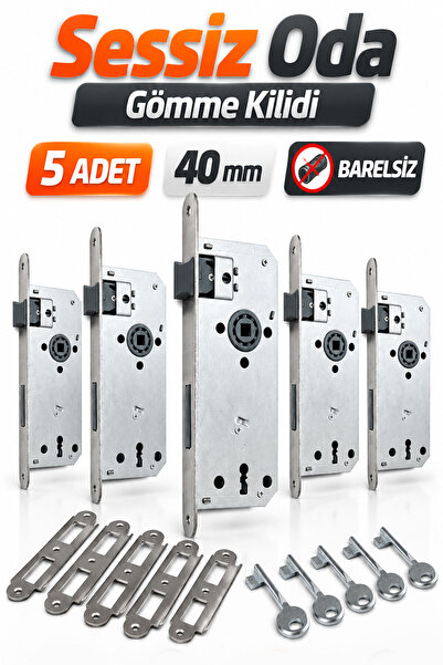 Badem10 Sessiz Gömme Kilit 5 Adet Set 40 mm Oda Kapısı Kilidi Barelsiz İç Kapı Kilidi Seti