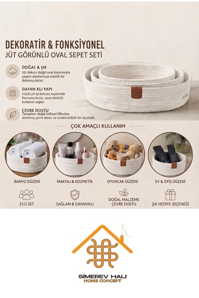 SİMEREV HALI HOME CONSEPT 3 Lü Sepet El Dokuma Sunum Organizer Oval Jüt Hasır...