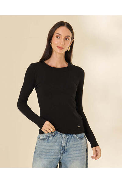 REDTAG Women Black Plain Crew Neck T-Shirt