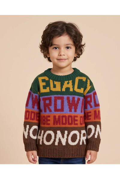 REDTAG Boys Green Multicolour Slogan Knit Jumper