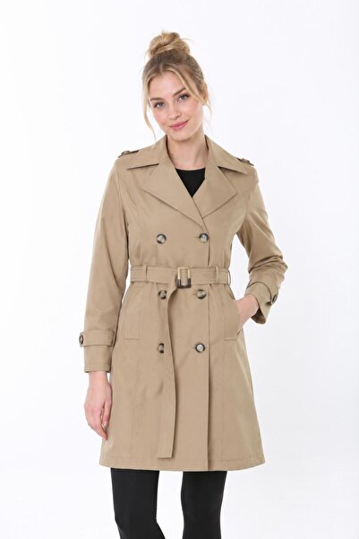 TUTveAL Collection Kadın Suya Dayanıklı Büyük Beden Trençkot Kemerli Uzun Kru...