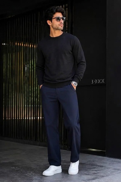 DAMGA JEANS سترة تريكو رجالية سميكة سوداء أساسية للاستخدام اليومي
