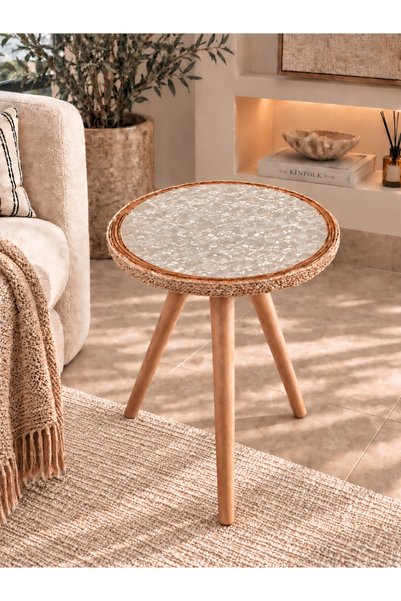 toprakhome İnci Sehpa, Rattan Kenar Hasır Örgü Sedefli Yan Sehpa Model:1