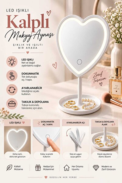 Kalp Dokunmatik Led Işıklı Masa Üstü Makyaj Aynası Ledli 25*15