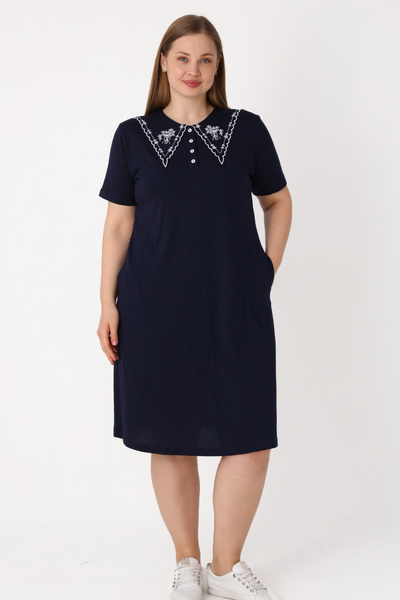 İntensive Women's Plus Size Navy Blue Pocket Buttoned Lace Detailed Cotton Sh...