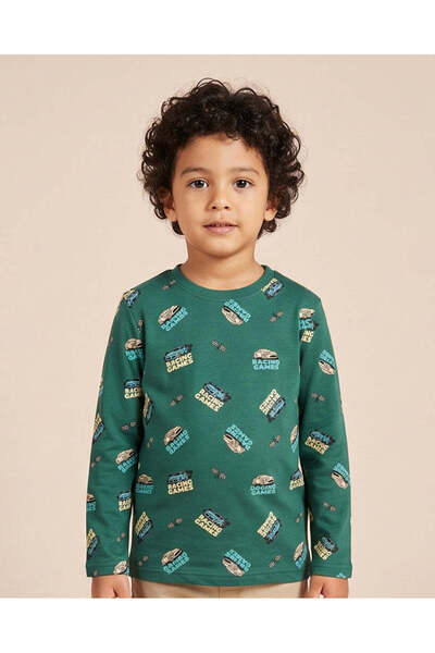 REDTAG Boys Teal Green All Over Print Long Sleeve T-Shirt