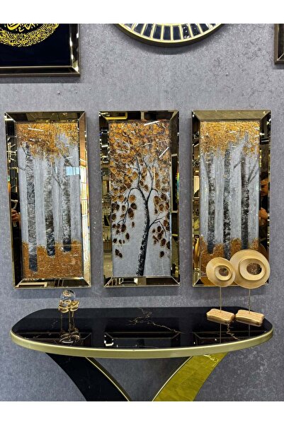 efe ayna dekor SONBAHAR ESİNTİSİ- 3'LÜ GOLD AYNALI TABLO SETİ-40x90cm (40x90c...