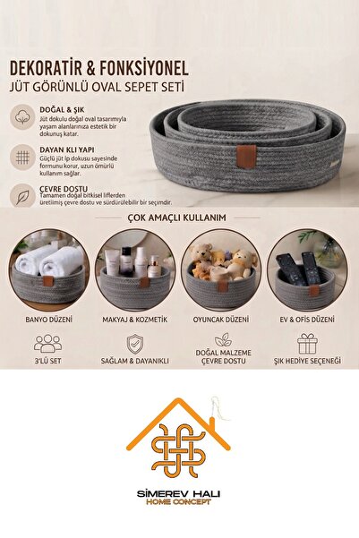 SİMEREV HALI HOME CONSEPT 3 Lü Sepet El Dokuma Sunum Organizer Oval Jüt Hasır...
