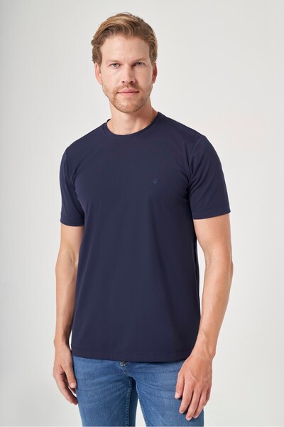 İmza Navy Blue Crew Neck Short Sleeve Knitted Slim Fit Flexible Basic T-Shirt...