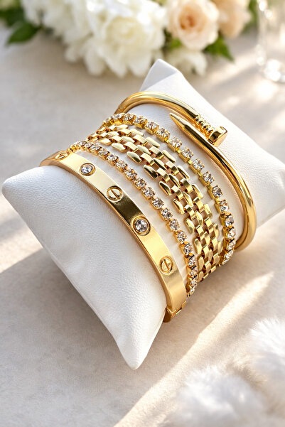 Crc Bijuteri Gold Color Zircon Stone Chain and Handcuff Bracelet Set