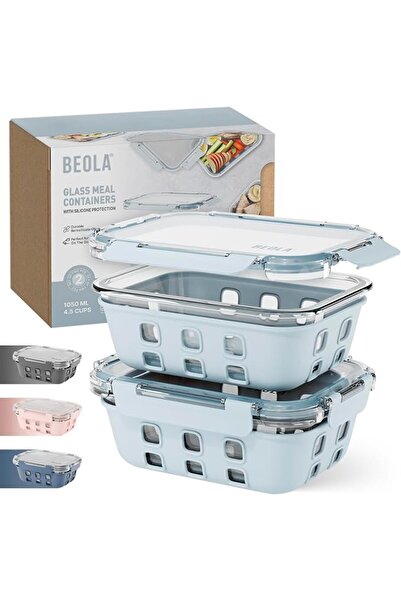 BEOLA Set of 2 Glass Food Storage Containers, Lunch Box, with Airtight Lids a...