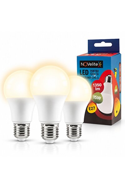 NOVELITE Set de 3 becuri LED A60, 15W, E27, 1350 lm, 3000K Lumină caldă, 220V...