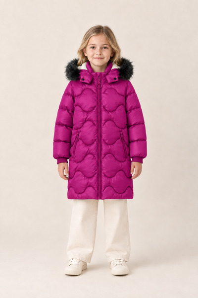 EA LİNE Girl's Hooded Fur-Lined Long Quilted Winter Puffer Coat - Cherry