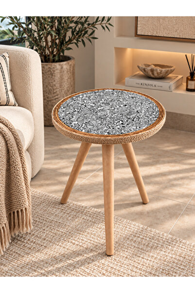 toprakhome Zebra Sehpa, Rattan Kenar Hasır Örgü Sedefli Yan Sehpa Model:5
