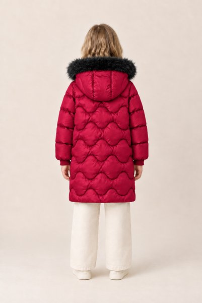 EA LİNE Girl's Hooded Furry Long Quilted Winter Puffer Coat - Red