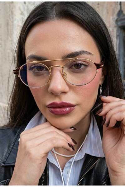 Chunky Frame Berina Unisex Elips Gold Leopar Çerçeveli Ultra Hafif Mavi Işık Filtreli Blue Block Gözlüğü
