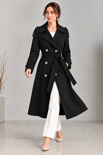 SheLoria Women's Black Double-Breasted Collar Belted Long Trench Coat