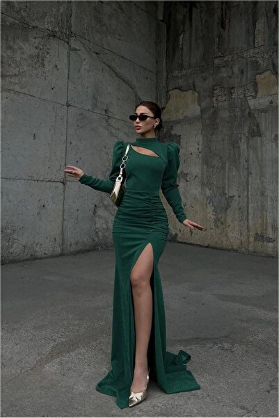 Şeker Portakalım Flexible Glittery Evening Dress Fabric Dress with Degaje Col...