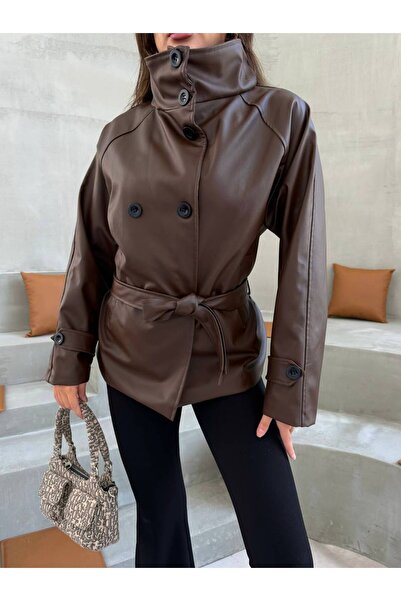 buqre's moda Stand Collar Lined Faux Leather Women's Leather Jacket Short Tre...