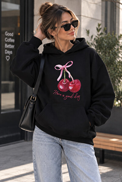 Harmandar Fiyonklu Cherry Baskılı Kanguru Cepli Kapüşonlu Sweatshirt Hoodie