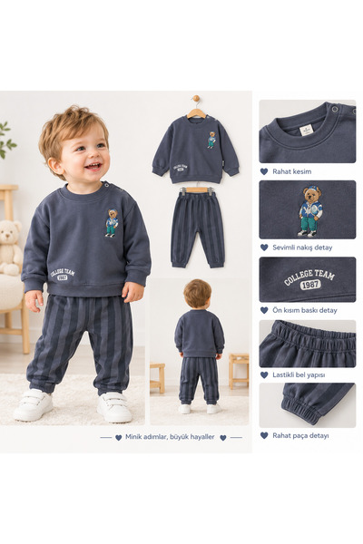 tinymini.co ERKEK BEBEK AYICIK NAKIŞLI ÇİZGİLİ 2'Lİ TAKIM