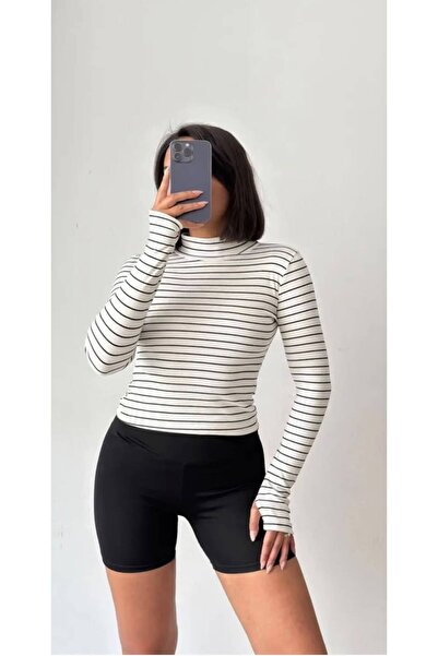 Olbia Women's White Striped Half Fisherman Finger Detail Blouse