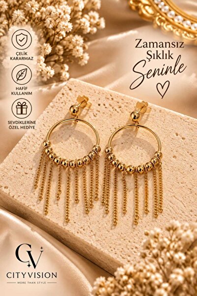 cityvision Stoned Dangle Gold Color Steel Earring Set