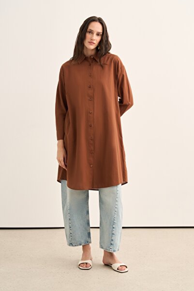 EBU Prive Women's Organic Cotton Long Basic Shirt Red Brown