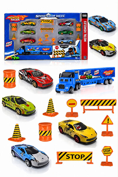 Toysan مجموعة شاحنات مع لوح إشارات المرور 6 سيارات زرقاء 1 لعبة سيارة معدنية