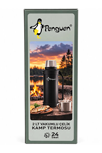 Nishev.com Evini Sev Penguen 2 Litre Paslanmaz Çelik Vakumlu Kamp Termosu siyah