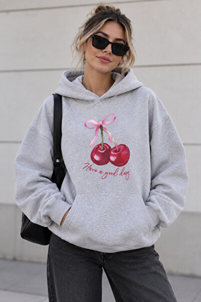 Harmandar Fiyonklu Cherry Baskılı Kanguru Cepli Kapüşonlu Sweatshirt Hoodie