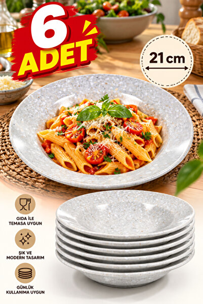 Binbirreyon 6 Adet Granit Desenli Melamin Çukur Tabak 21cm Ev Lokanta Tipi Tabak RA681
