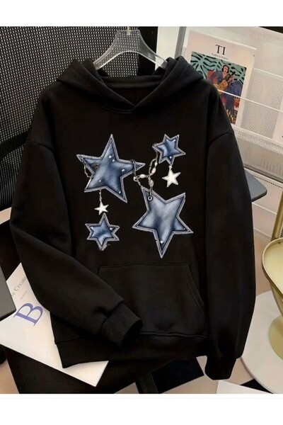 UNCİA OUTDOORS Women's Chain 4 Star Printed Oversized Hooded Sweatshirt