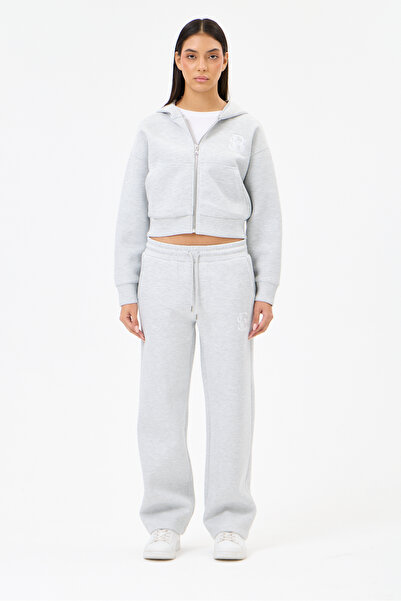 Grey Melange Panda Kumaş Kadın Crop Fermuarlı Eşofman Takımı