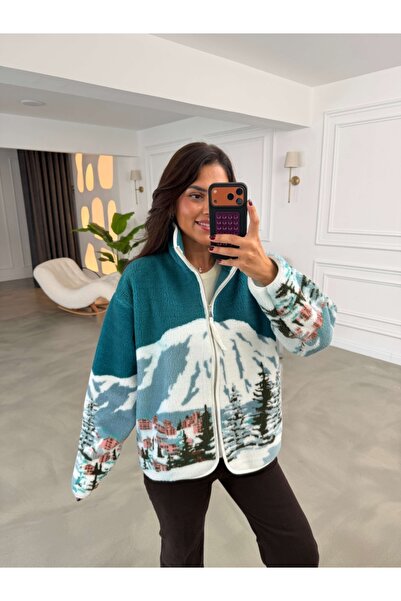 Elif Özbey Butik Yeşil Ön Fermuarlı Peluş Sweat