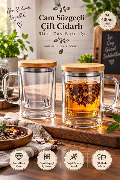 MirzaQ Bambu Kapaklı Borosilikat Cam Bardak Süzgeçli Kulplu Demlikli Çift Cid...