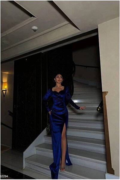 Şeker Portakalım Velvet Slit V Fabric Dress with Collar and Long Sleeves