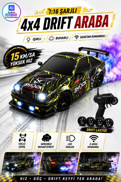 YILDIRIM OYUNCAK Uzaktan Kumandalı Şarjlı Işıklı ve Buhar Atan 4x4 Drift Arab...