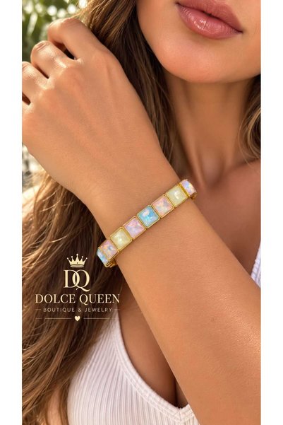 DOLCE QUEEN Pastel Colored Sparkling Gold Detailed Elastic Women's Bracelet