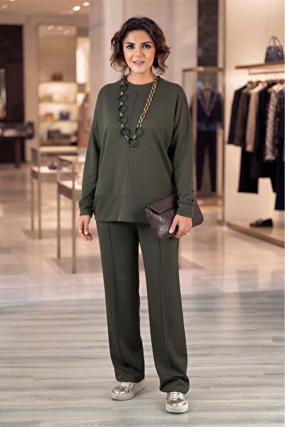 Nevin Kaya Moda Khaki Modal Fabric Striped Pants and Blouse Set