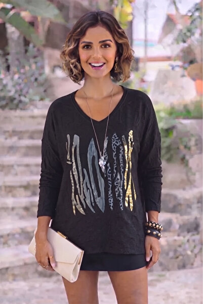 Nevin Kaya Moda Black Foil Gilded Cotton Italian Blouse