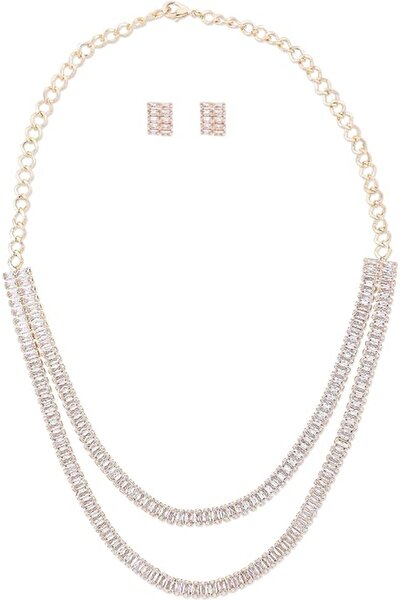 ZAVERI PEARLS Rose Gold 2 Layers Baguette Diamonds Necklace & Earring Set For...