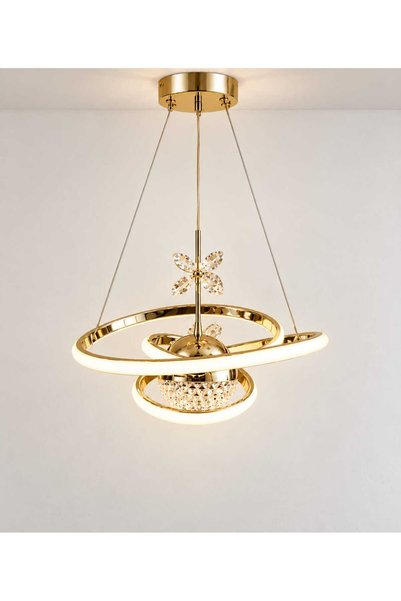 Şaheser Dünya Modern LED Avize Gold Kristal Detaylı Halkalı Sarkıt – Salon, O...